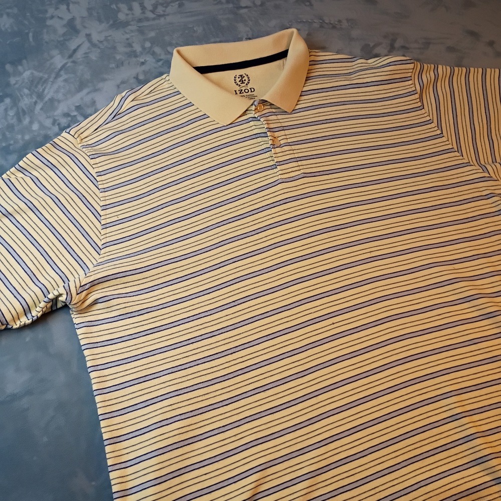 IZOD Mens XXL Yellow Striped Short‎ Sleeve 100% Cotton Polo Shirt Navy Blue Blue